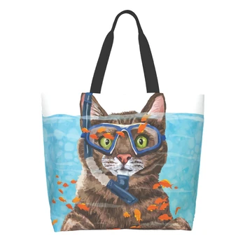 Забавные Ныряющие Кошки Хозяйственная сумка многоразового использования сумка-тоут для кошек и рыбок Акварельная сумка через плечо с животными Повседневная Легкая Большой емкости