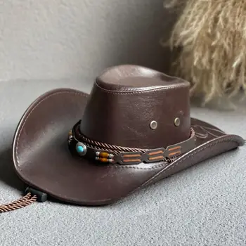 Мужская и женская ковбойская шляпа, винтажная ковбойская шляпа в западном стиле с ретро-этническим поясным декором, Стильная мужская и женская регулируемая шляпа для