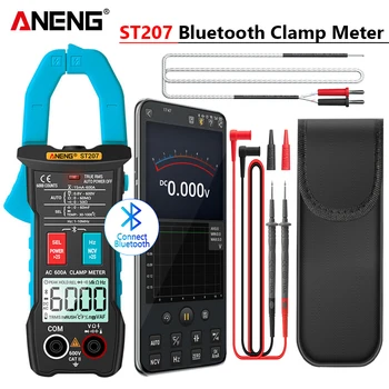 Цифровой Bluetooth-мультиметр ANENG ST207, клещевой измеритель, 6000 отсчетов, тестер истинного среднеквадратичного постоянного/переменного напряжения, переменный ток, Гц, Емкость, Ом