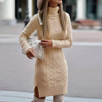 Осенний вязаный теплый свитер с длинным рукавом, женское однотонное платье-пуловер с высоким воротом, зимнее элегантное тонкое мини-платье трапециевидной формы с разрезом.