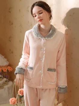 Женская фланелевая бархатная пижама принцессы, комплекты из двух предметов, милые девушки, осень-зима, Коралловый плюш, толстые Милые Французские пижамы, ночное белье