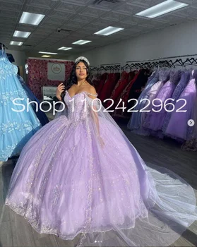 Пышные платья принцессы Лаванды Гиллтер с накидкой с открытыми плечами, Корсет с кружевной аппликацией, vestido de 15 quinceañeras lila