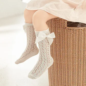 2 пары новых детских летних носков, милые детские носки с декоративным бантом в виде трубочек, детские выдалбливаемые дышащие носки, впитывающие пот.