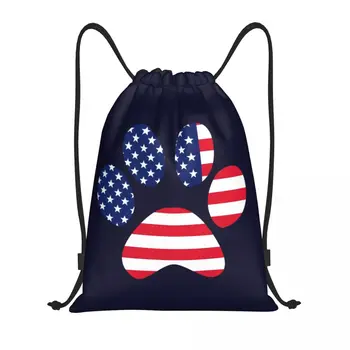 Изготовленный На Заказ Американский Флаг США Патриотический Принт Собачьей Лапы На Шнурке Сумки Женщины Мужчины Легкий Спортивный Рюкзак Для Хранения В Тренажерном Зале