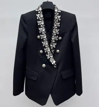 Осень 2023 года, новая модная брендовая шерстяная винтажная куртка, блейзер с бриллиантовым бисером, верхняя одежда для женщин