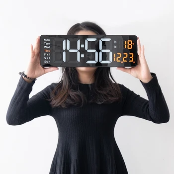 Большие светодиодные цифровые настенные часы с дистанционным управлением, отображение температуры, даты, недели, таблица памяти, Настенные Двойные электронные будильники