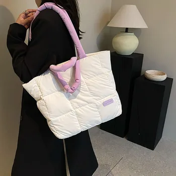 Женская стеганая сумка через плечо Большой емкости, мягкая квадратная сумка, легкая однотонная сумка на молнии, универсальная женская сумка для поездок на работу
