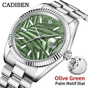 Механические наручные часы CADISEN с циферблатом в виде пальмовых листьев 40 мм, роскошные Автоматические часы Для мужчин, Сапфировое зеркало, Часы MIYOTA 8215, Оливково-зеленые часы
