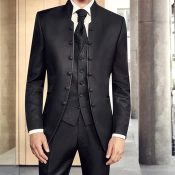Черная мужская туника, свадебный смокинг для жениха с воротником-стойкой, официальные деловые мужские костюмы из 3 предметов, смокинг с брюками для курения