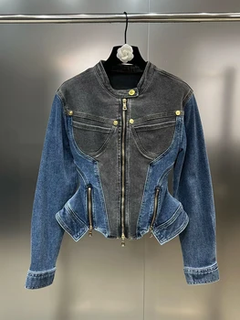 Новейшая модная дизайнерская куртка HIGH STREET 2023, женская джинсовая куртка с контрастной застежкой-молнией
