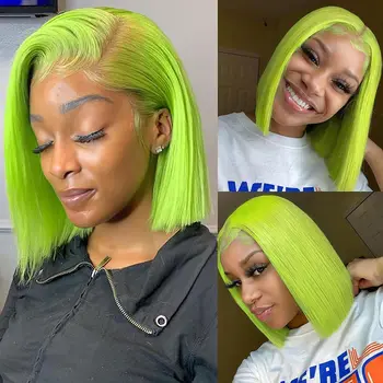 Парик Millionaire Queen Bob 13x4, Прозрачный Кружевной Фронтальный Зеленый Короткий Прямой парик из 100% человеческих волос, парики 180 плотности для женщин