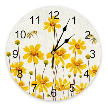 Акварельные Желтые Цветы Пчелы Настенные Часы Бесшумные Цифровые Часы для Украшения Дома Спальни Кухни Подвесные Часы