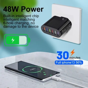 Быстрое зарядное устройство мощностью 48 Вт, 6 портов, зарядное устройство для путешествий, зарядное устройство для мобильного телефона 3.5A 5V QC3.0 для iPhone 13 14 Xiaomi для Samsung Huawei