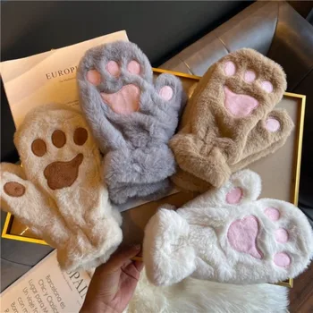 Милые плюшевые перчатки с кошачьим когтем, зимние утолщенные бархатные теплые перчатки с полными пальцами, перчатки с ровными пальцами, Рукавицы для девочек Kawaii, защищающие от холода