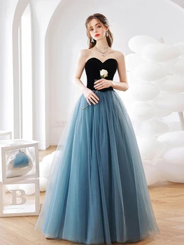 Элегантное голубое платье выпускного вечера в форме сердца трапециевидной формы, тюлевые платья для свадебных вечеринок длиной до пола, выпускные платья принцессы
