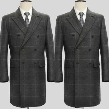 Мужские костюмы, сшитые на заказ, цельное длинное пальто, Двубортный смокинг с остроконечными лацканами, пальто в клетку и полоску, формальный плюс размер, сшитый на заказ
