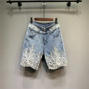 2023 Летние Бусы, Стразы, кружевные джинсовые шорты с цветочным рисунком, женские Европейские брюки с высокой талией, Эластичные джинсы, Пятиточечные брюки