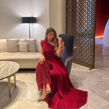Вечерние платья Other Shore Красного цвета, расшитые бисером на одно плечо, Женское элегантное вечернее платье длиной до пола 2023 vestidos de gala