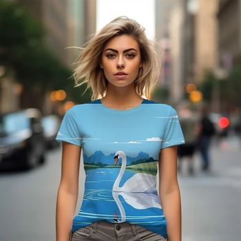 Летняя новая женская футболка с 3D принтом Лебедя, женская футболка, красивая женская футболка для отдыха, модный тренд, женская футболка