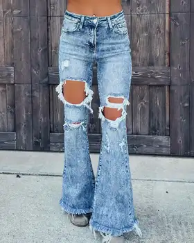 Джинсы с рваными кисточками 2022 Осень Новые джинсы с низкой посадкой Свободные Удобные женские эластичные модные расклешенные джинсы