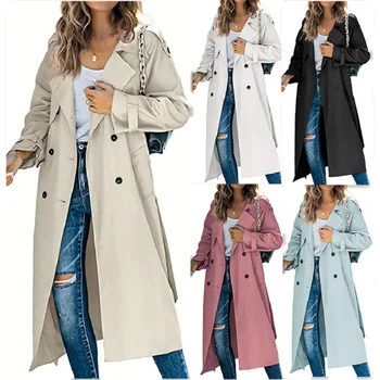 Осенне-зимние женские двубортные куртки, Длинный тренч, пальто, классические женские куртки-ветровки с лацканами, пальто