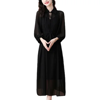 Осенне-летнее женское платье из шелка тутового цвета, высококачественное черное платье с длинным рукавом, Большой размер, модное платье M-5XL