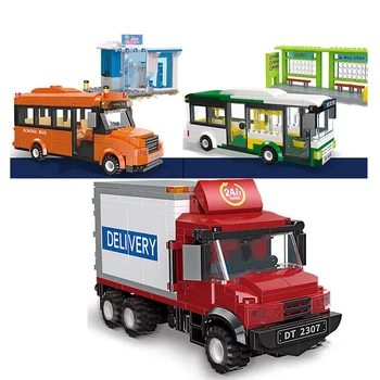 Городская автобусная станция, модель грузовика, Строительные блоки, школьный автомобиль, Тяжелый грузовой фургон, Кирпич, креативная техника, идеи детских игрушек