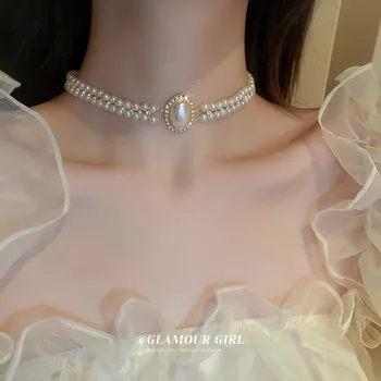 Барочное овальное жемчужное ожерелье с бриллиантами, двойное ожерелье, стильное ожерелье, винтажное преувеличенное универсальное ожерелье, женское