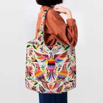 Текстура мексиканских птиц Отоми, сумка для покупок продуктов, женская сумка для покупок из холста с народным цветочным искусством, сумка для покупок большой емкости
