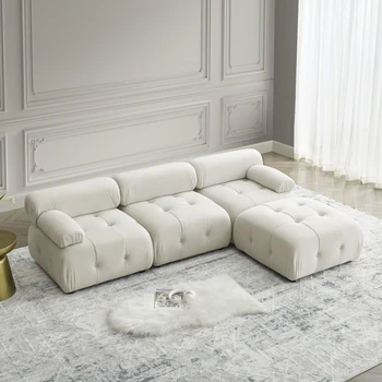 Диван L-образной формы, диван с хохолком на пуговицах и реверсивным пуфиком, бежевый бархат