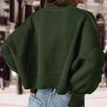 Женский свитер с рукавом-фонариком, повседневный вязаный мягкий свитер оверсайз, свободный однотонный короткий свитер, верхняя одежда