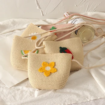 Сумка ручной работы, детская мини-сумочка с цветочным узором, милая соломенная сумка для девочек, соломенная сумка через плечо, Новый Изысканный фруктовый рюкзак