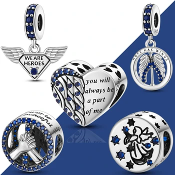 Оригинальное серебро 925 пробы, темно-синий CZ, герои, Крылья феи Ангела, подвешенный шарм, подходят для браслета Pandora, ожерелья, бусины, женские украшения Encanto
