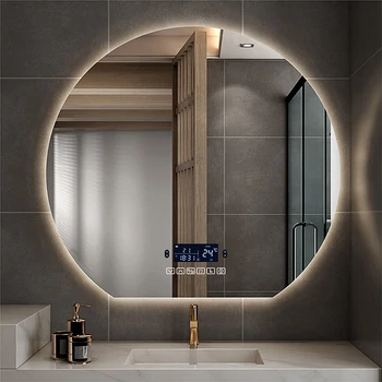 81x90 см Bluetooth Полукруглое зеркало для макияжа в ванной со светодиодной трехцветной подсветкой, индукция человеческого тела, анти-туман, умное зеркало для туалетного столика