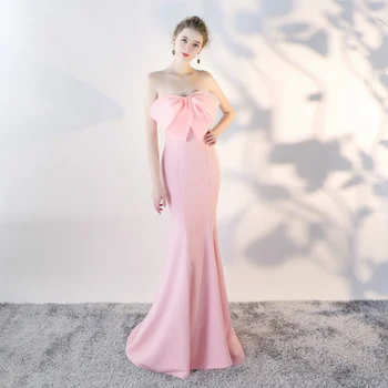 Прекрасное розовое вечернее платье в виде русалки с открытой спиной и большим бантом, очаровательные женские платья для особых случаев в наличии