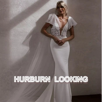 Свадебные платья HERBURN Beauty С глубоким V-образным вырезом и открытой спиной, тюлевая Русалка, Новое поступление, сексуальное атласное свадебное платье для невесты, прямая доставка