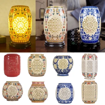 Китайский керамический Полый абажур, бело-голубой Фарфоровый Настольный абажур, декор для гостиной, настенный светильник, Подвесная крышка для лампы
