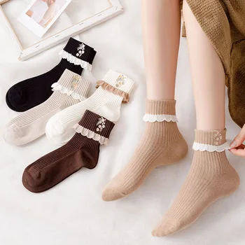 Носки средней длины, женские хлопчатобумажные носки с изысканной вышивкой, Носки с вертикальным ворсом в полоску, креативный дизайн, простой стиль
