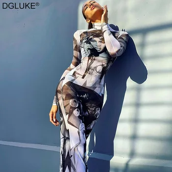 Макси-платье из прозрачной сетки с абстрактным принтом, облегающее платье с имитацией шеи и длинным рукавом 2023, Лето-осень, Обтягивающее Длинное платье черного цвета