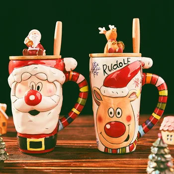 Креативный 3D Рождественский Санта Клаус Ручная Роспись Керамическая Кружка с крышкой Ложка Молоко Кофе Бытовая Чашка для воды Мультяшные Рождественские подарки