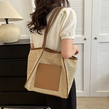 Открытая пляжная сумка, летняя женская сумка через плечо из соломенной ткани, сумка-тоут из искусственной кожи с квадратной застежкой-молнией, сетчатая сумка-кошелек