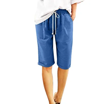 Женские летние хлопчатобумажные брюки Шорты с высокой талией Пляжные походные брюки со шнуровкой Женские Повседневные брюки в стиле пэчворк с высокой талией