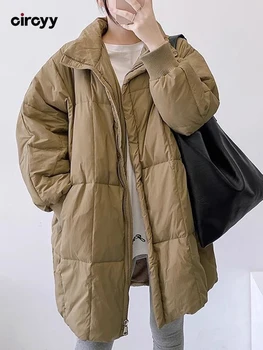 Зимняя куртка, женские парки, Новинка 2023 года, Корейское пальто с длинным рукавом и карманами на молнии, Свободное Однотонное пальто, Верхняя одежда, Винтажные Шикарные Теплые пальто-пузыри