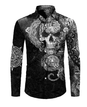 2023 Новая мужская рубашка поло с 3D-принтом в виде черепа, повседневная приталенная рубашка поло с длинным рукавом, мужское пальто