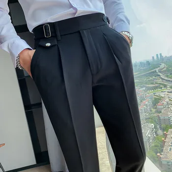 Британский стиль, новые однотонные брюки с высокой талией, мужская деловая Официальная одежда, брюки 2023, Высококачественные Тонкие повседневные офисные брюки для костюма