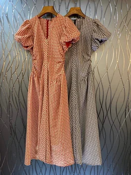 2023 Весна-лето, новое женское платье в клетку с V-образным вырезом и рукавами-пузырями, простое длинное платье Макси, винтажное повседневное платье Vestido