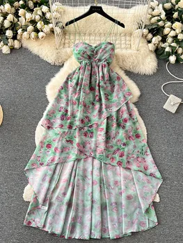 Женское летнее платье в стиле ретро, романтический дизайн с фрагментированным цветочным шлейфом, ощущение маленького и сказочного чистого желания, платье-слинг D4408
