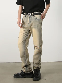 Мужские поношенные джинсы, модные потертые уличные повседневные джинсовые прямые брюки, Летние джинсы Y2k, Новая Свободная Мужская одежда в корейском стиле