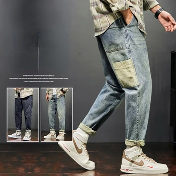 Деним, винтажные прямые джинсы в стиле пэчворк, винтажные повседневные брюки-карго, весна-осень, однотонные модные брюки нового поступления D70