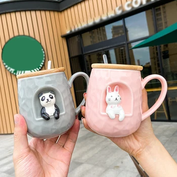 3D рельефная керамическая Кружка с крышкой ложка личность кофейные Кружки ложка животное дрова собака чашка чайная чашка чашка кофе